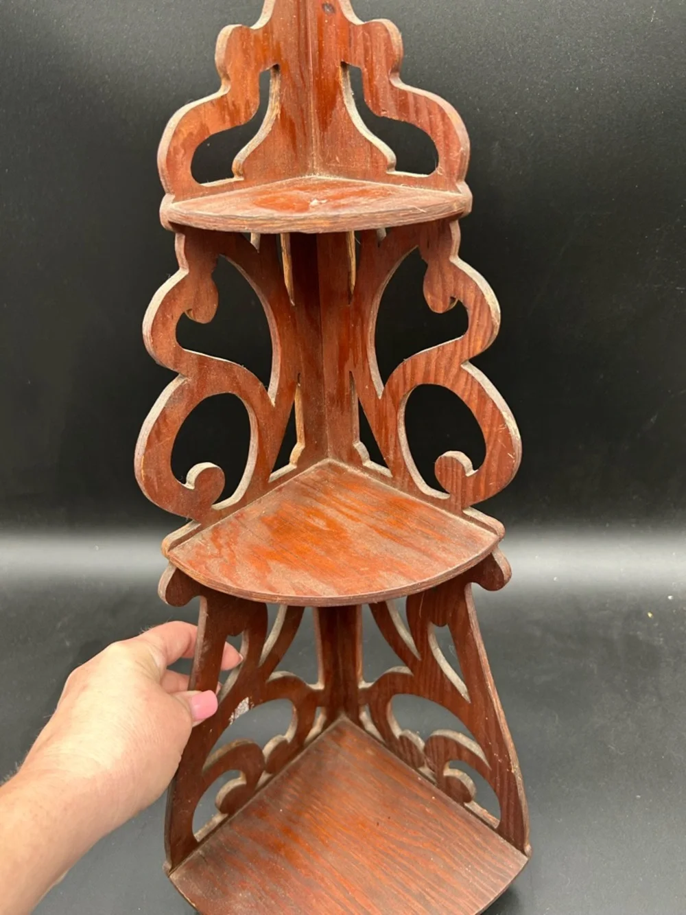 Vintage MCM scroll wood corner shelf, display shelf